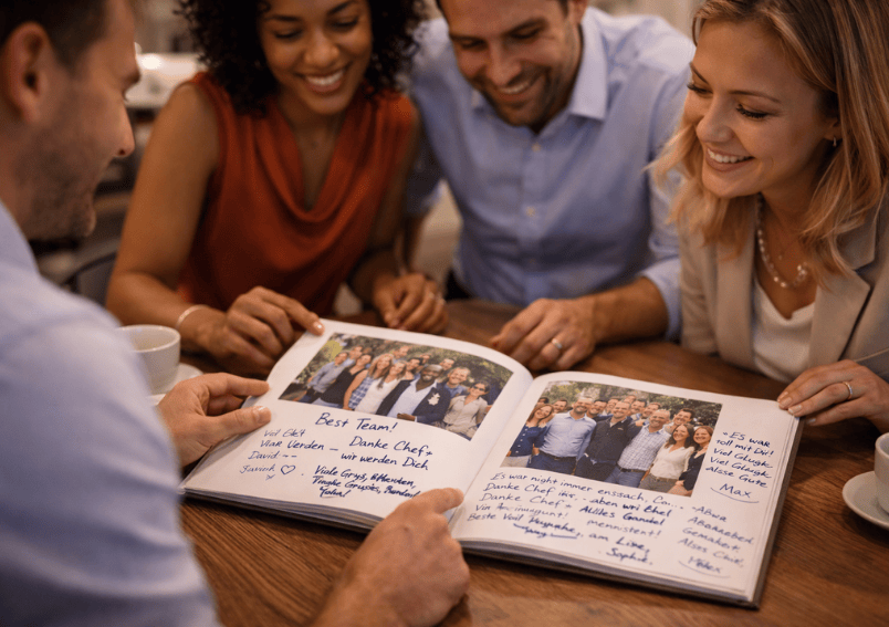 Abschiedsgeschenk mit Teamfotos und Nachrichten. Dank von den Miterbeitern.