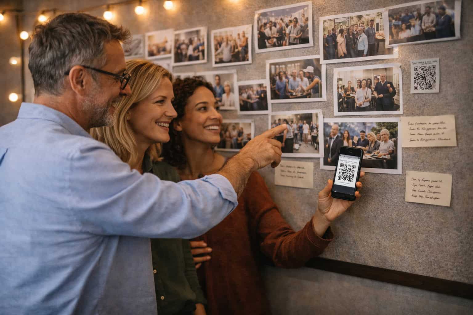 Drei Erwachsene diskutieren bei einer scheinbar zwanglosen Veranstaltung über Fotos an einer Wand, während eine Person einen QR-Code auf ihrem Handy anzeigt - die perfekte Inspiration für ideen für firmenjubiläum oder alle, die auf der Suche nach kreativen Firmenjubiläum Ideen sind.