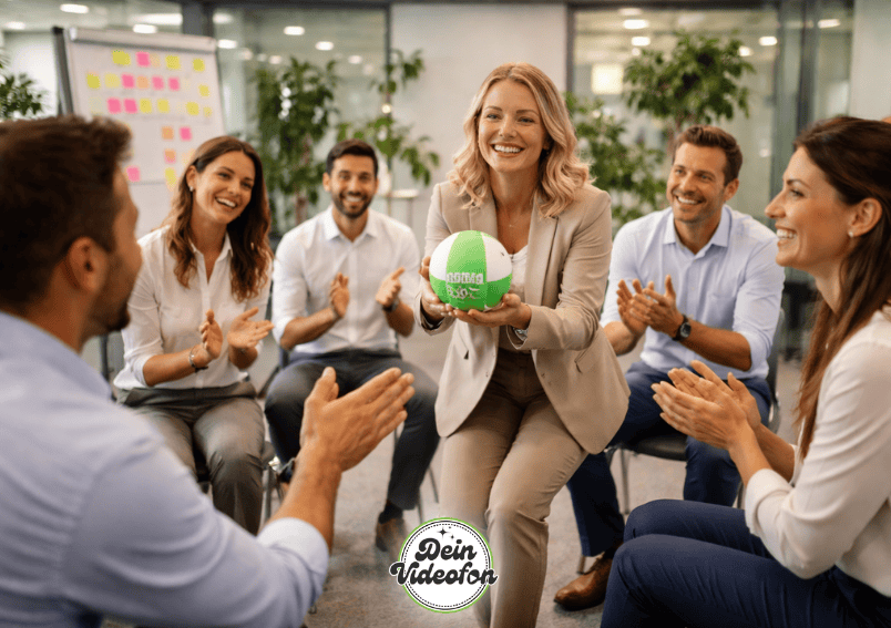 Emotionale Dankesrunde bei einer modernen Firmenfeier mit Sprechball und wertschätzendem Austausch im Team