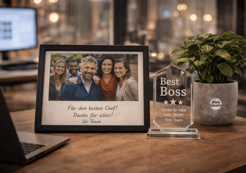 Individuelles Erinnerungsstück auf einem Büroschreibtisch mit Teamfoto und hochwertiger Dekoration als Abschiedsgeschenk für den Chef