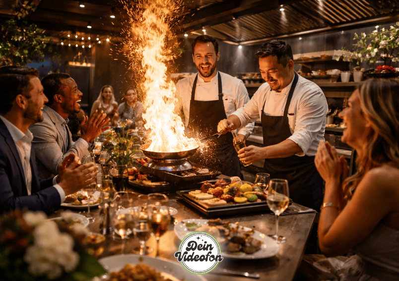 Feurige Kochshow bei festlichem Essen mit der ganzen Firma. 