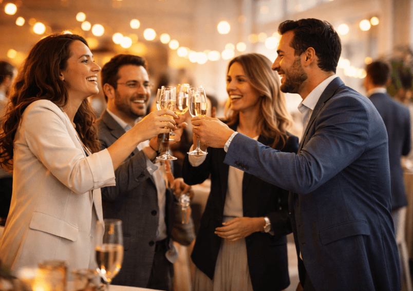 Anstoßen auf eine erfolgreiche Firmenfeier. Was wird alles für eine Firmenfeier benötigt, bevor angestoßen wird?