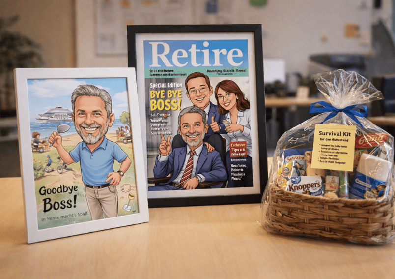 Humorvolles Abschiedsgeschenk für den Chef mit personalisierter Karikatur, Magazin-Cover und witzigem Ruhestands-Überlebenspaket