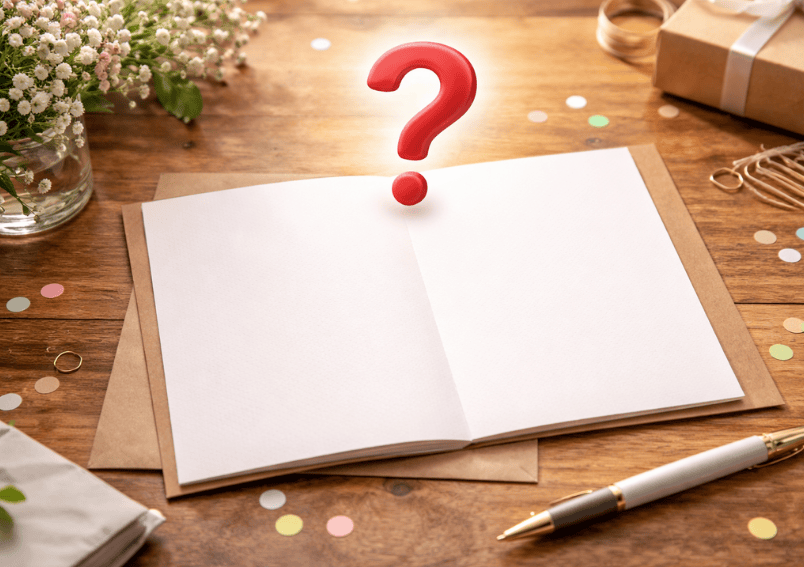 Leere Grußkarte mit schwebendem Fragezeichen als Symbol für die Frage, was man dem Chef zum Abschied schreiben soll