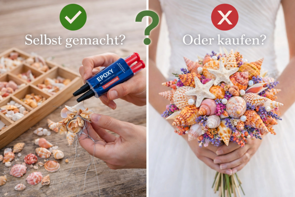 Brautstrauß selber machen oder anfertigen lassen – DIY-Muschelstrauß mit Epoxidharz im Vergleich zum fertig gekauften Hochzeitsstrauß.