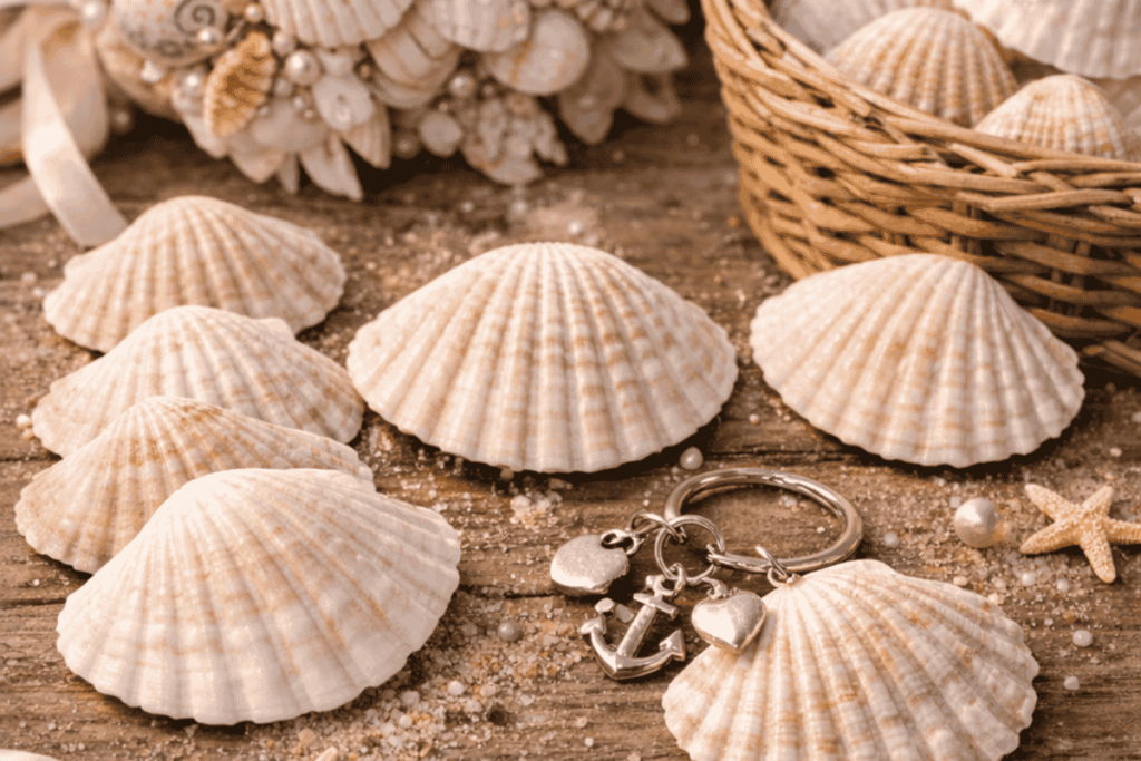 Mehrere natürliche Muscheln liegen als Hochzeitsgastgeschenke auf einem rustikalen Holztisch, dekoriert mit Sand, kleinen Seesternen und Perlen. Im Hintergrund sind ein Muschel-Brautstrauß und ein geflochtener Korb mit weiteren Muscheln zu sehen. Jede Muschel symbolisiert ein persönliches Andenken für die Hochzeitsgäste.