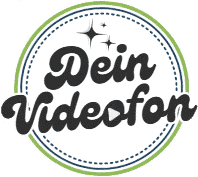 Kreisförmiges Logo mit dem Text Dein Videofon in fetter Schrift, umgeben von grünen und blauen Ringen und drei funkelnden Sternen über dem Text.