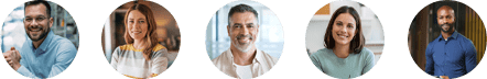 Fünf Personen, drei Männer und zwei Frauen, lächeln und blicken in kreisförmigen Profilbildern vor neutralen oder Innenhintergründen in die Kamera.