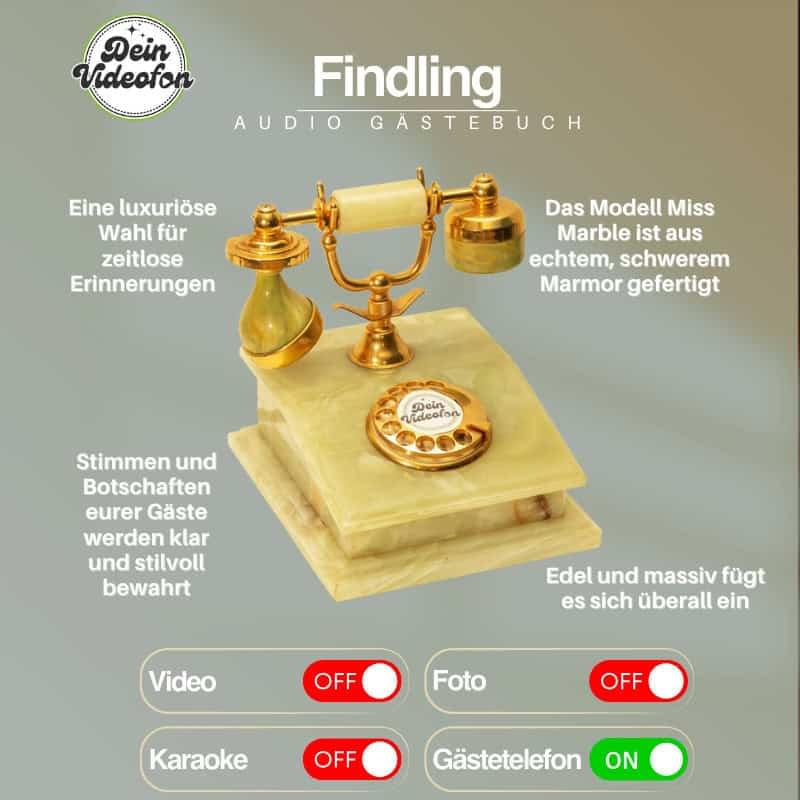 Luxuriöses Audio-Gästebuch „Findling“ von Dein Videofon – edles Retro-Telefon aus massivem Marmor für stilvolle Sprachnachrichten auf Hochzeiten.